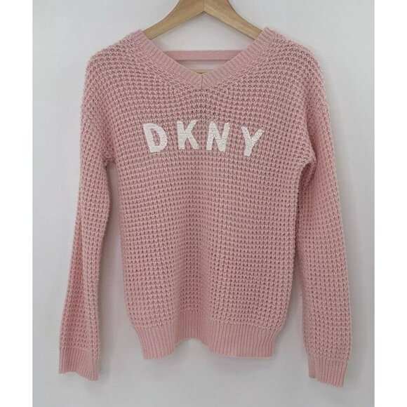DKNY Girl’s Flip Sequin Spell Out Pink Knit V-Neck Sweater Size XL Preppy - Picture 2 of 13